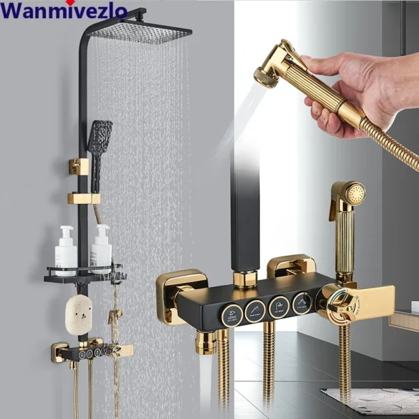 Black Gold Brass Rainfall Shower Set